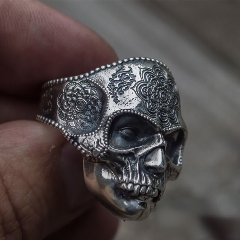 Unique-Silver-Color-316L-Stainless-Steel-Heavy-Sugar-Skull-Ring-Mens-Mandala-Flower-Santa-Muerte-Biker-Jewelry Unique Silver Color 316L Stainless Steel Heavy Sugar Skull Ring Mens Mandala Flower Santa Muerte Biker Jewelry