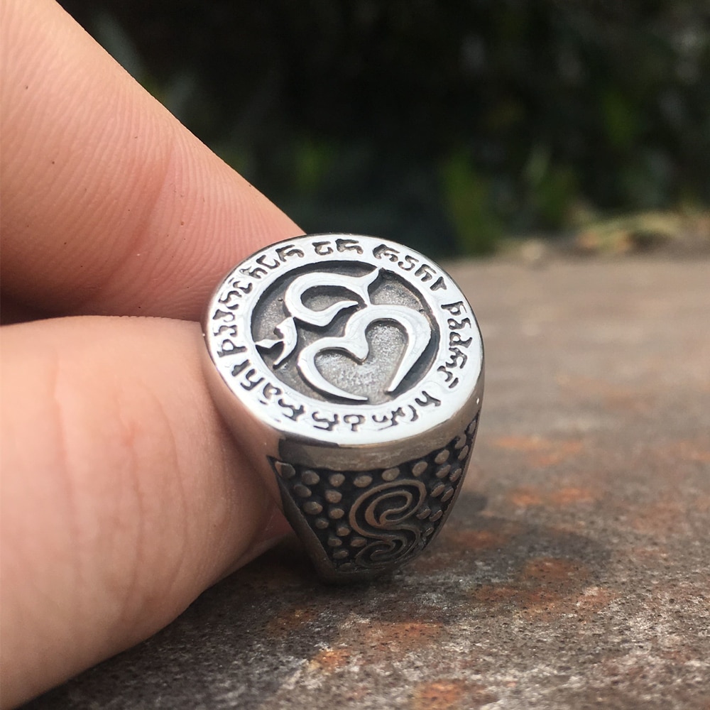 Silver-Color-Om-Aum-Yoga-Buddhist-Meditation-316L-Stainless-Steel-Amulet-Ring-Mens-Talisman-Jewelry Silver Color Om Aum Yoga Buddhist Meditation 316L Stainless Steel Amulet Ring Mens Talisman Jewelry