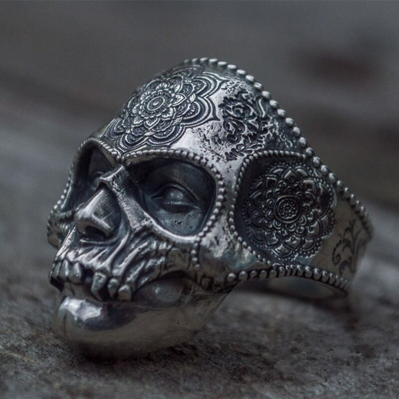 Unique-Silver-Color-316L-Stainless-Steel-Heavy-Sugar-Skull-Ring-Mens-Mandala-Flower-Santa-Muerte-Biker-Jewelry Unique Silver Color 316L Stainless Steel Heavy Sugar Skull Ring Mens Mandala Flower Santa Muerte Biker Jewelry