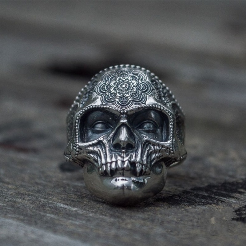 Unique-Silver-Color-316L-Stainless-Steel-Heavy-Sugar-Skull-Ring-Mens-Mandala-Flower-Santa-Muerte-Biker-Jewelry Unique Silver Color 316L Stainless Steel Heavy Sugar Skull Ring Mens Mandala Flower Santa Muerte Biker Jewelry
