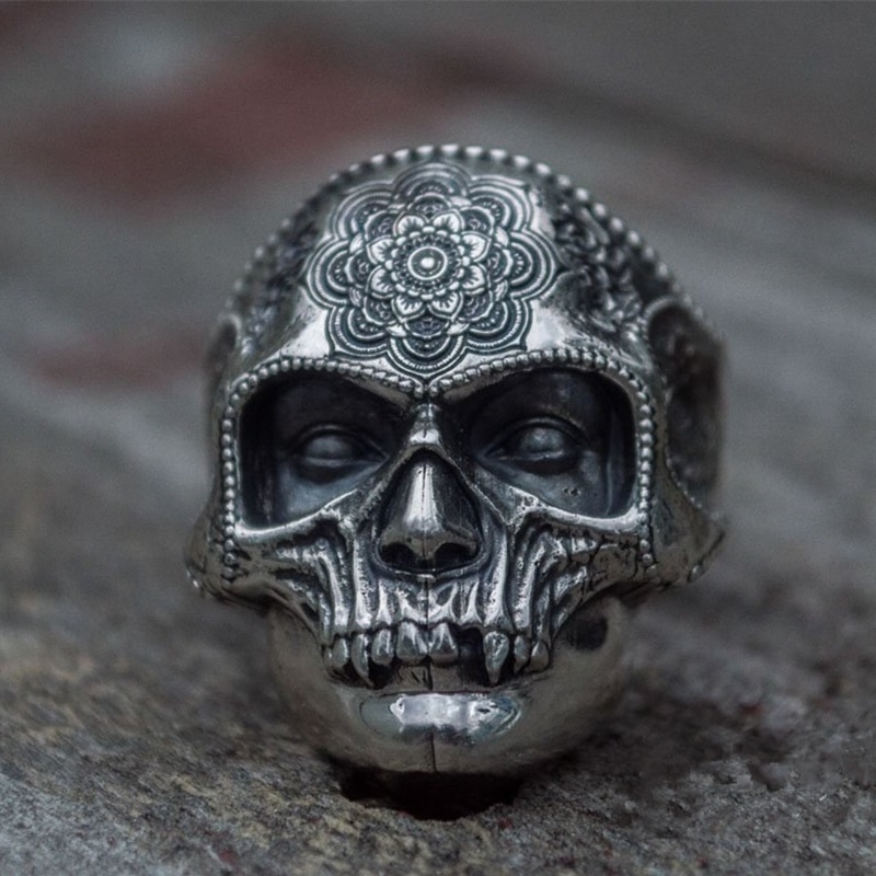 Unique-Silver-Color-316L-Stainless-Steel-Heavy-Sugar-Skull-Ring-Mens-Mandala-Flower-Santa-Muerte-Biker-Jewelry Unique Silver Color 316L Stainless Steel Heavy Sugar Skull Ring Mens Mandala Flower Santa Muerte Biker Jewelry