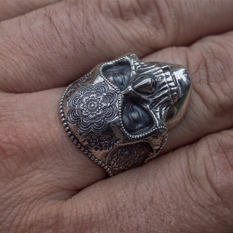 Unique-Silver-Color-316L-Stainless-Steel-Heavy-Sugar-Skull-Ring-Mens-Mandala-Flower-Santa-Muerte-Biker-Jewelry Unique Silver Color 316L Stainless Steel Heavy Sugar Skull Ring Mens Mandala Flower Santa Muerte Biker Jewelry
