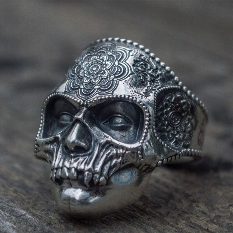 Unique-Silver-Color-316L-Stainless-Steel-Heavy-Sugar-Skull-Ring-Mens-Mandala-Flower-Santa-Muerte-Biker-Jewelry Unique Silver Color 316L Stainless Steel Heavy Sugar Skull Ring Mens Mandala Flower Santa Muerte Biker Jewelry
