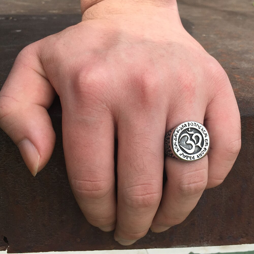 Silver-Color-Om-Aum-Yoga-Buddhist-Meditation-316L-Stainless-Steel-Amulet-Ring-Mens-Talisman-Jewelry Silver Color Om Aum Yoga Buddhist Meditation 316L Stainless Steel Amulet Ring Mens Talisman Jewelry